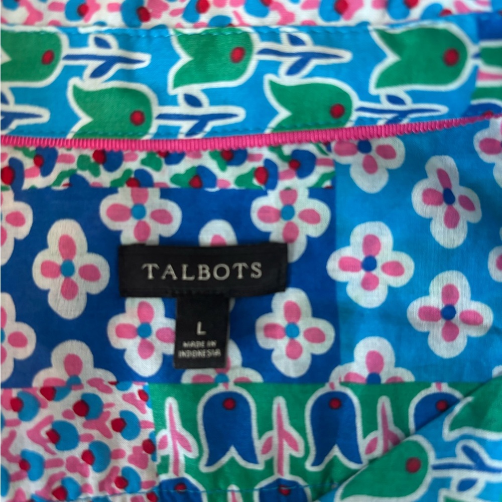Talbots Blue and Green Patchwork Patterned Button… - image 2